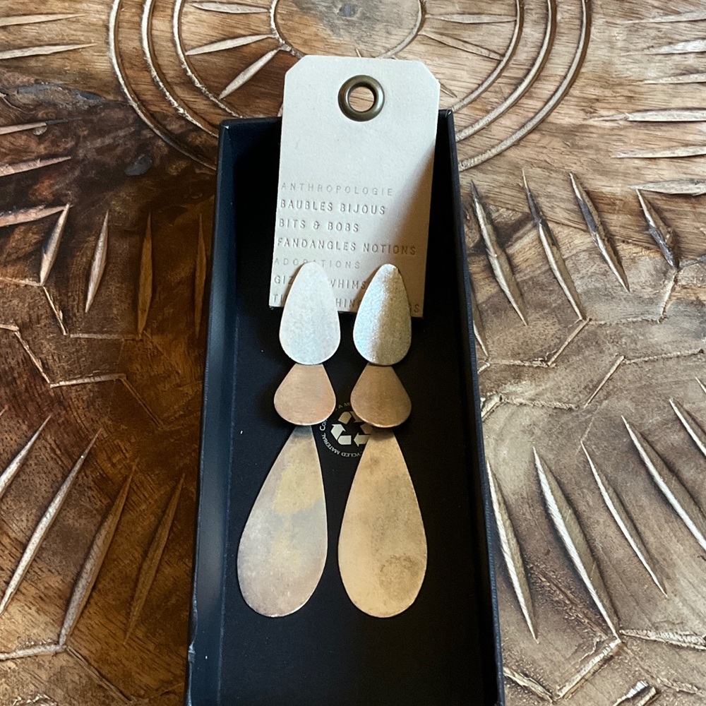 Anthropologie Brushed Gold Triple Teardrop Drop Earrings